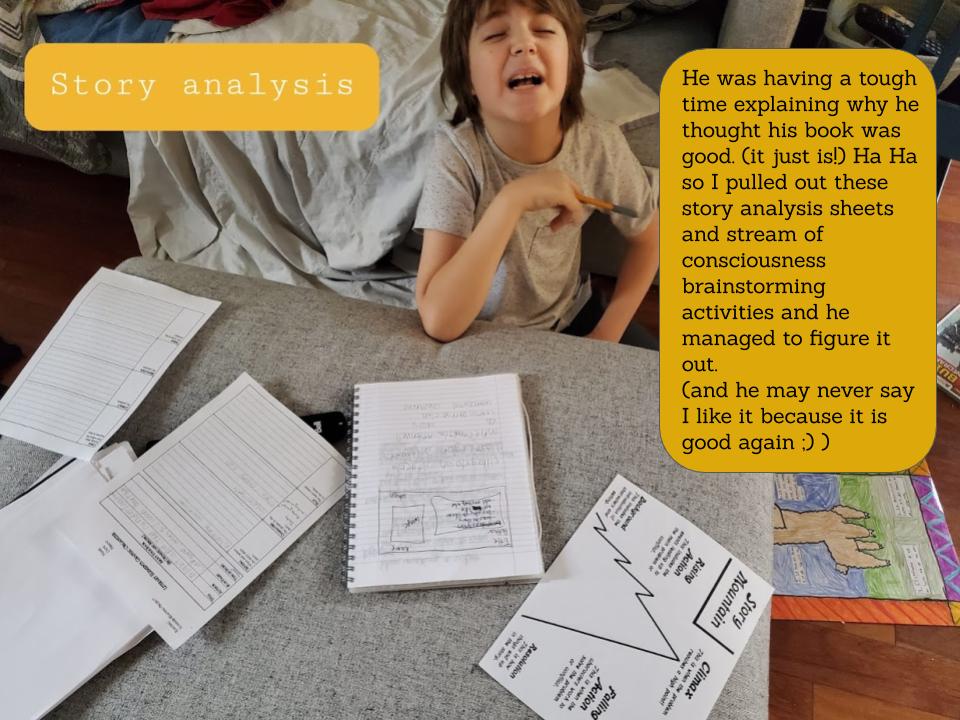 Boy with a notebook and worksheets. Text:Story analysis. He was having a tough time explaining why he thought his book was good. (it just is!) Ha Ha so I pulled out these story analysis sheets and stream of consciousness brainstorming activities and he managed to figure it out. (and he may never say I like it because it is good again ;) )